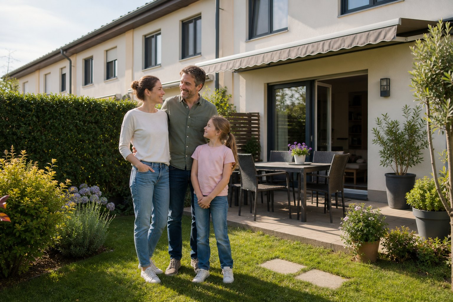 Familie im Garten eines Reihenhauses als Beispiel für einen Suchwunsch in Österreich