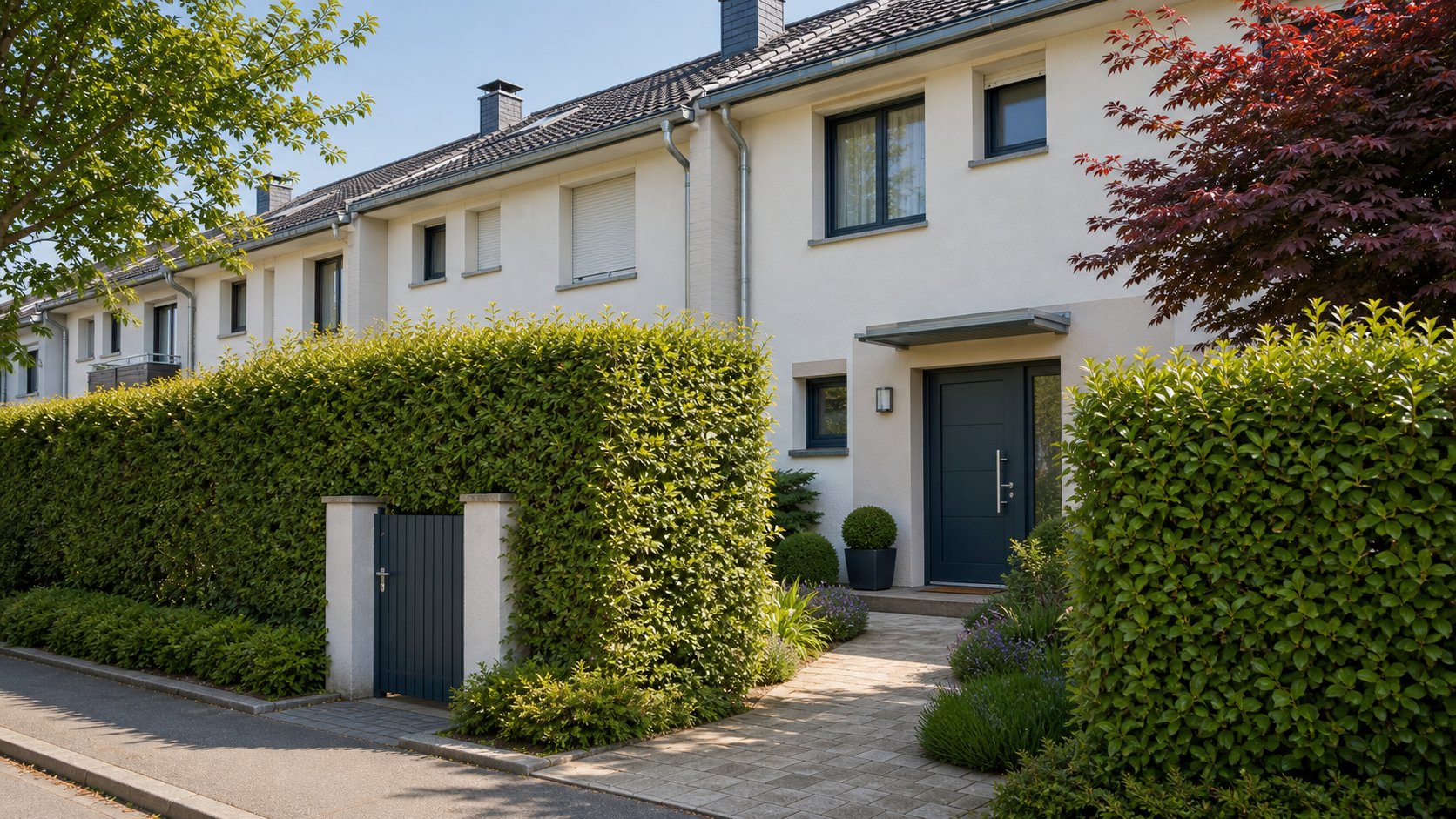 Ruhiger Hauseingang eines Reihenhauses mit Hecke